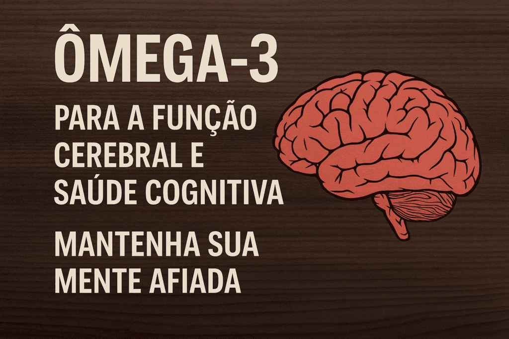 Ômega-3 para a função cerebral e saúde cognitiva — mantenha sua mente afiada', acompanhada de um cérebro em destaque sobre fundo de madeira