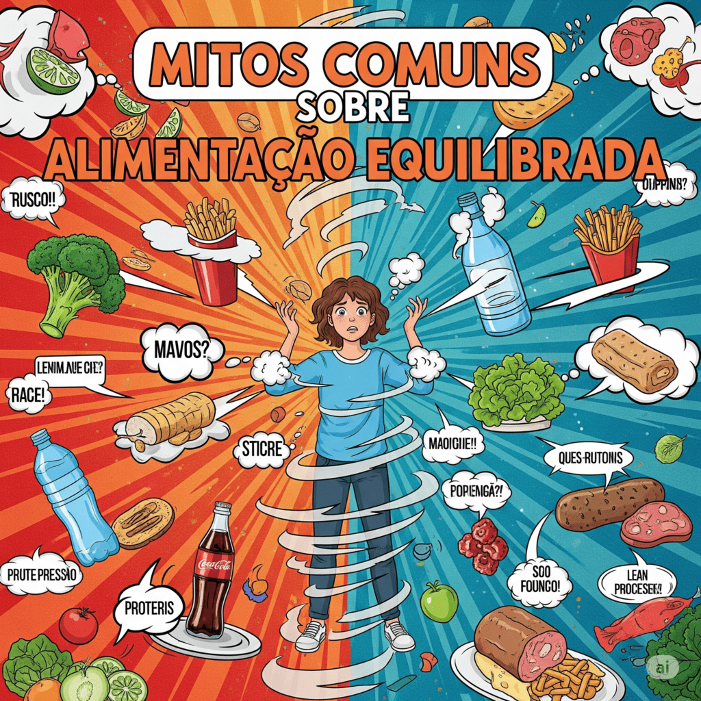 Pessoa confusa em meio a informações conflitantes sobre dietas e alimentos, representando os mitos comuns sobre alimentação equilibrada