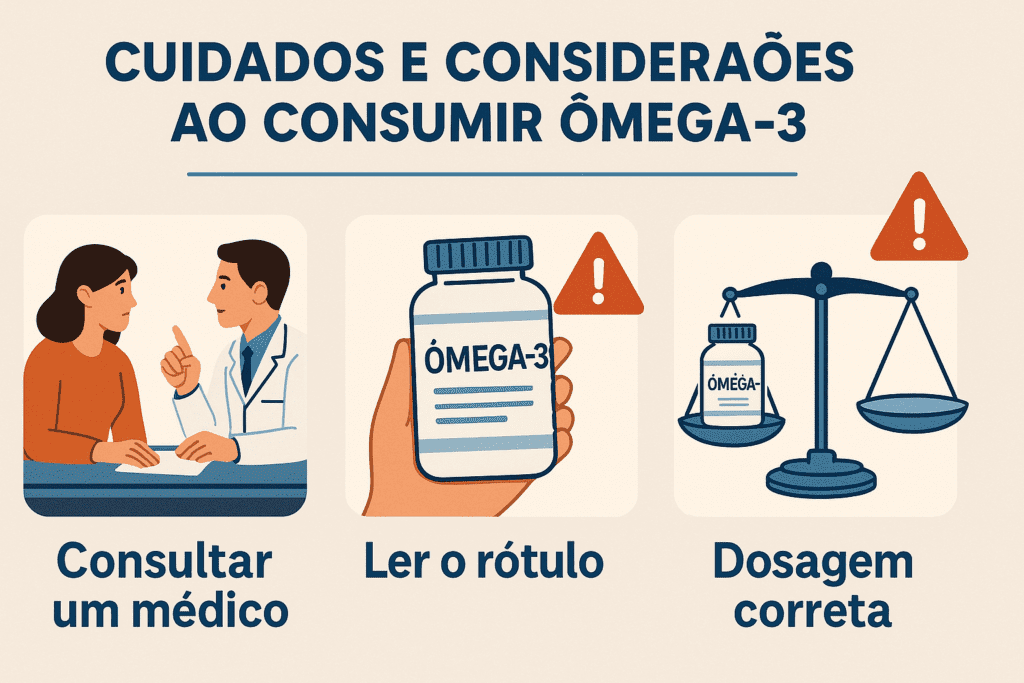 Pessoa consultando médico sobre Ômega-3, lendo rótulo de suplemento e medindo a dosagem, ilustrando cuidados e considerações ao consumir Ômega-3.