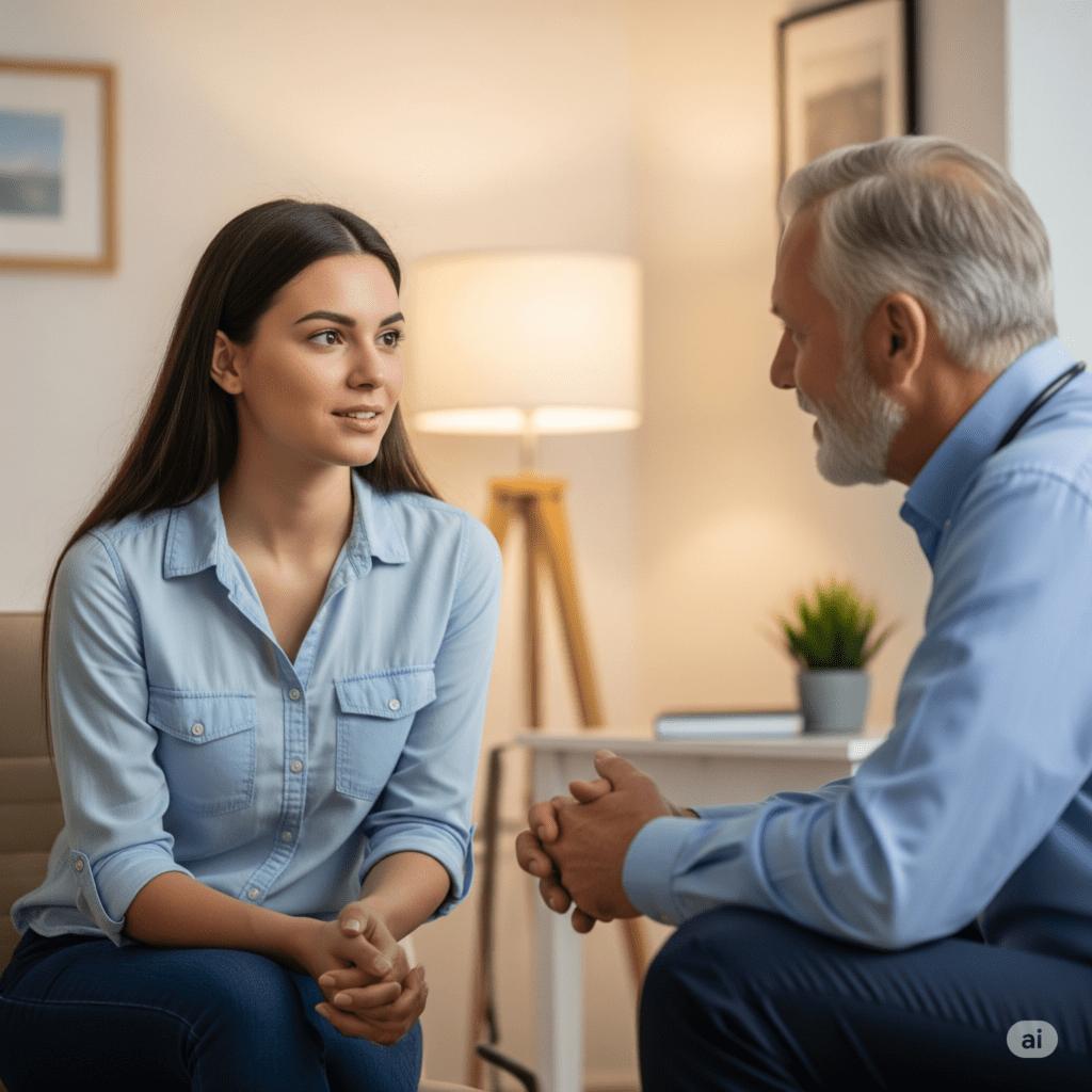 Pessoa consultando um profissional de saúde mental, representando a busca por ajuda para saúde mental e bem-estar
