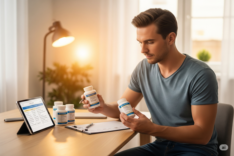 Pessoa escolhendo suplementos para energia com orientações e informações em tablet.