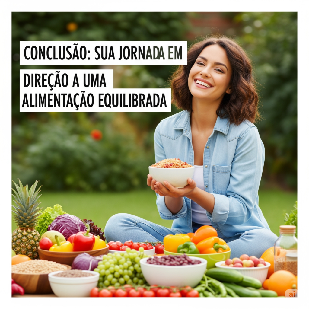 Pessoa feliz e saudável cercada por alimentos nutritivos, simbolizando o sucesso e os benefícios de uma jornada de alimentação equilibrada