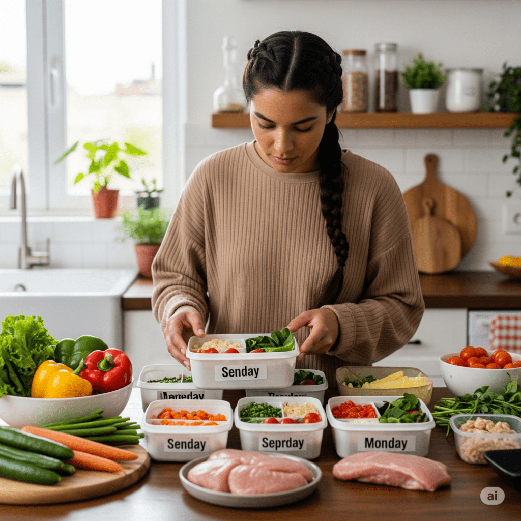 Pessoa organizando marmitas coloridas e saudáveis, representando o planejamento de refeições para uma alimentação equilibrada e sustentável