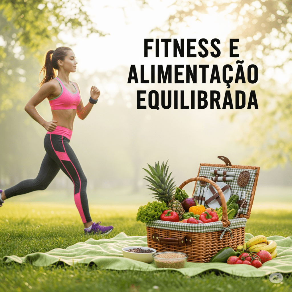Pessoa praticando exercícios e alimentos saudáveis por perto, simbolizando a sinergia entre fitness e alimentação equilibrada para a saúde