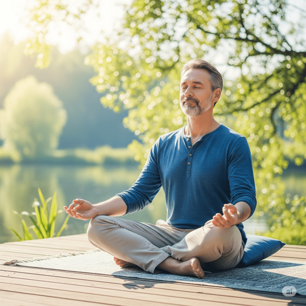 Pessoa praticando yoga ou meditação em um ambiente sereno, representando a conexão entre saúde mental, bem-estar e emagrecimento