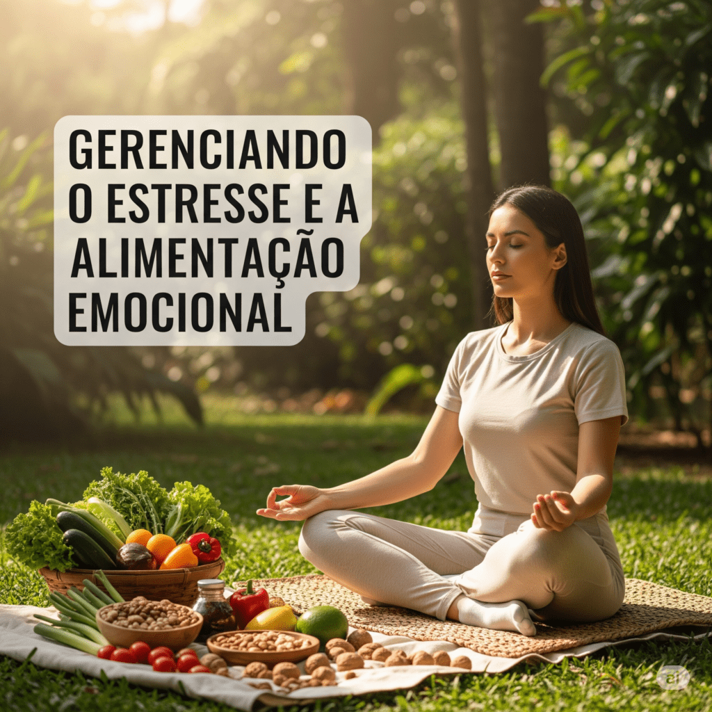 Pessoa relaxando com ioga e alimentos saudáveis por perto, representando a conexão entre gerenciamento do estresse e alimentação equilibrada
