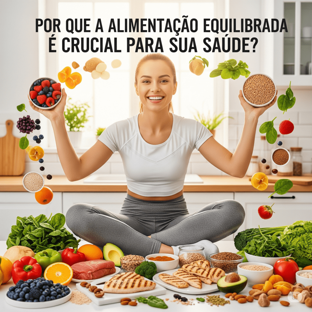 Pessoa saudável e feliz cercada por alimentos nutritivos, simbolizando os benefícios da alimentação equilibrada para a saúde e bem-esta