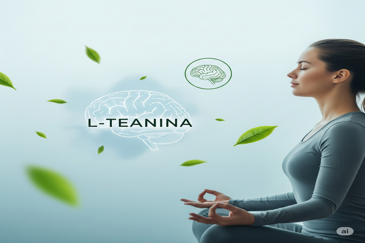 Pessoa serena meditando, com folhas de chá verde e representação do cérebro flutuando, ilustrando os benefícios da L-Teanina para a clareza mental e a calma.