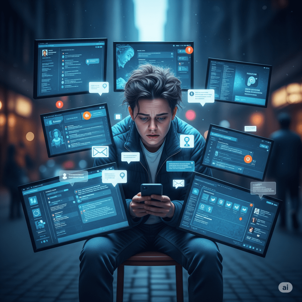 Pessoa sobrecarregada por telas e notificações, simbolizando desafios à saúde mental e bem-estar digital