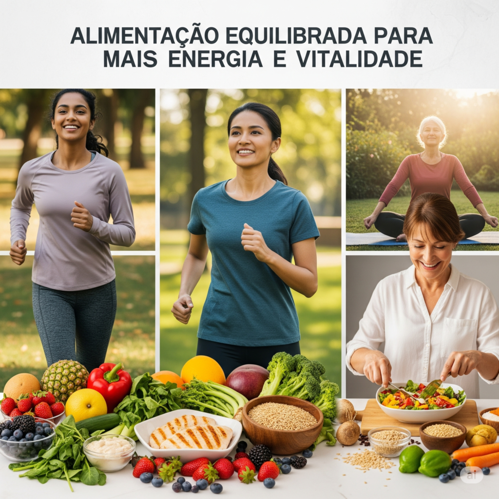 Pessoas ativas e cheias de energia, praticando exercícios e comendo alimentos saudáveis, representando a vitalidade de uma alimentação equilibrada