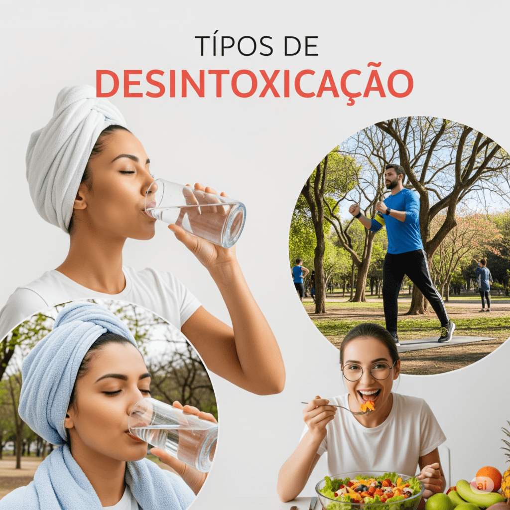 Pessoas realizando diferentes tipos de desintoxicação bebendo água, comendo alimentos saudáveis e praticando exercícios físicos, ilustrando abordagens para a saúde.