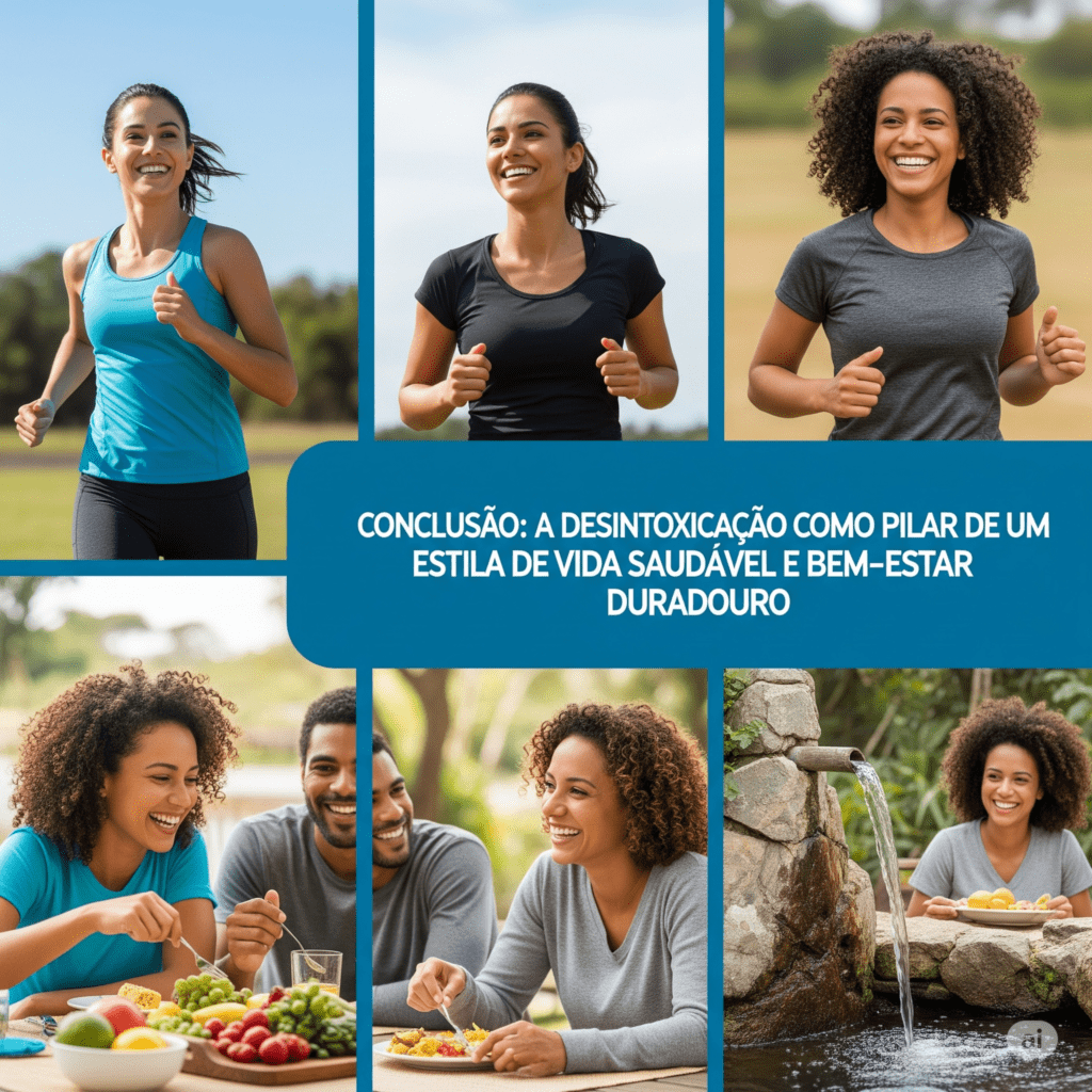 Pessoas saudáveis e felizes praticando atividades físicas e comendo alimentos nutritivos em um ambiente natural, representando a desintoxicação como um pilar de um estilo de vida saudável.