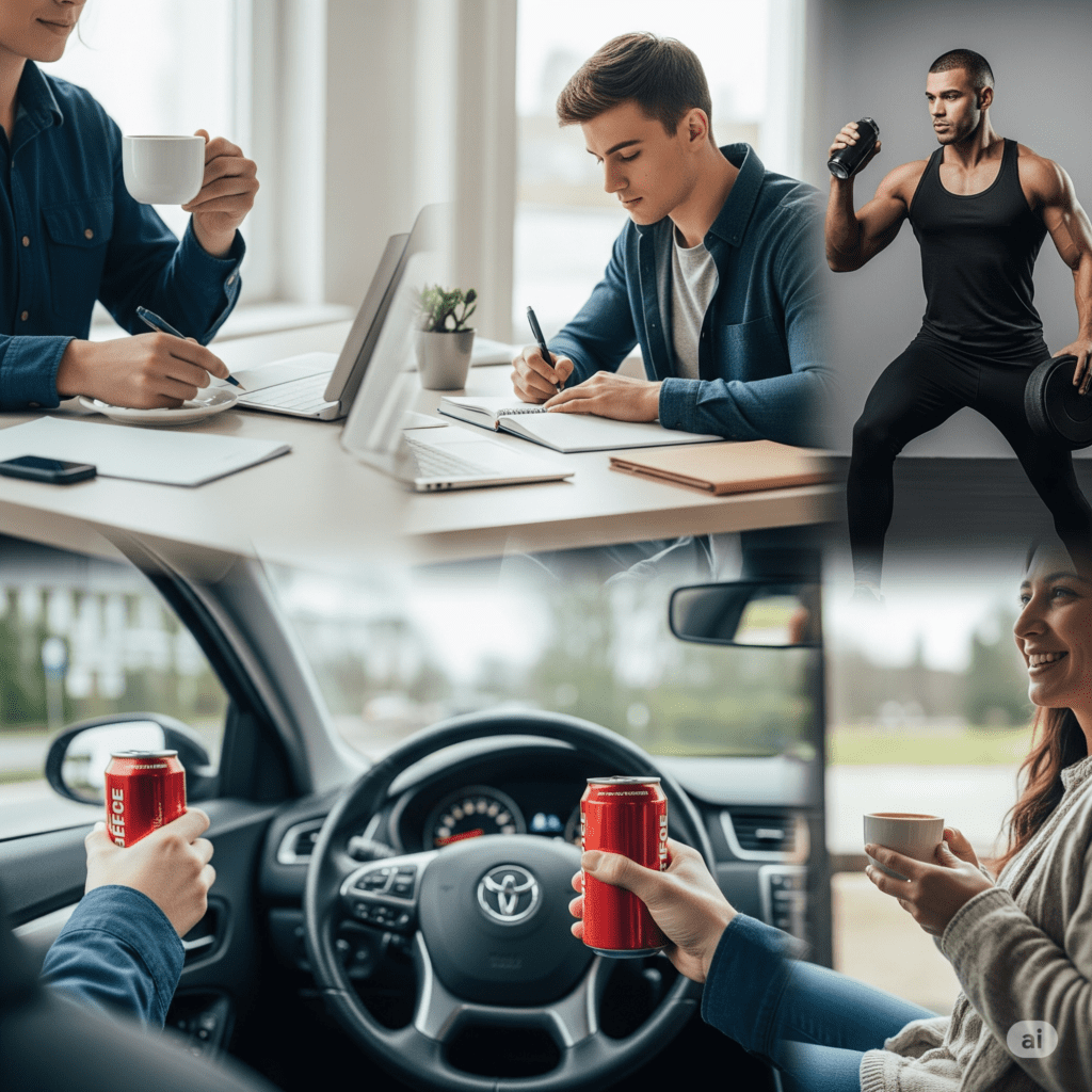 Pessoas utilizando cafeína em diversas situações trabalhando, estudando, se exercitando e relaxando, destacando seus múltiplos propósitos