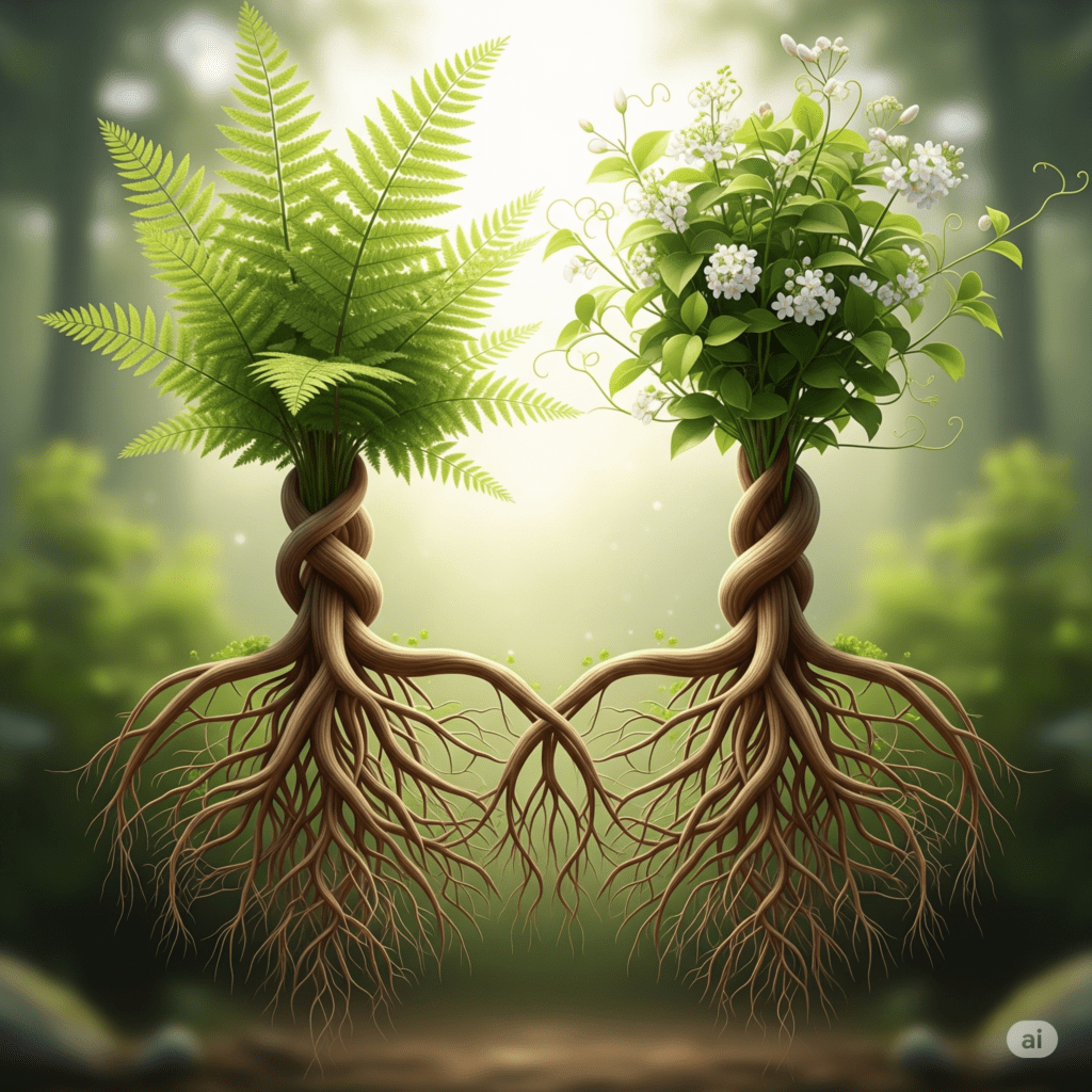 Plantas entrelaçadas com raízes conectadas, simbolizando a relação inseparável entre saúde mental e bem-estar