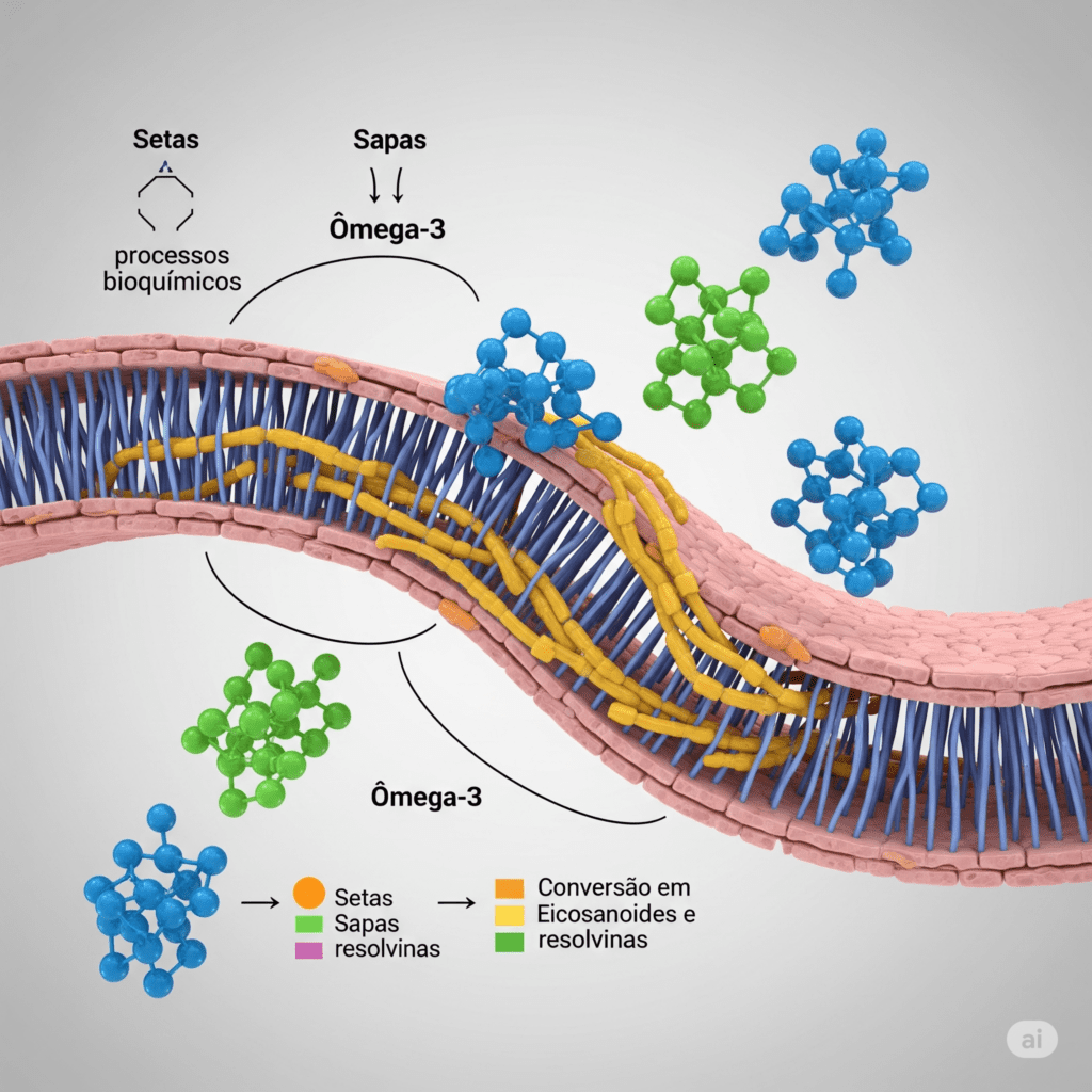 Representação científica das moléculas interagindo com a membrana celular e células, ilustrando os processos bioquímicos de produção de eicosanoides e resolvinas