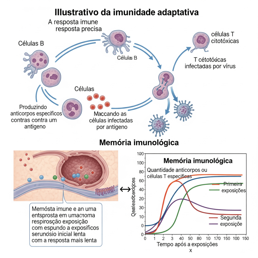 Resposta adaptativa Ilustração da ação das células B, células T e anticorpos na defesa do corpo.