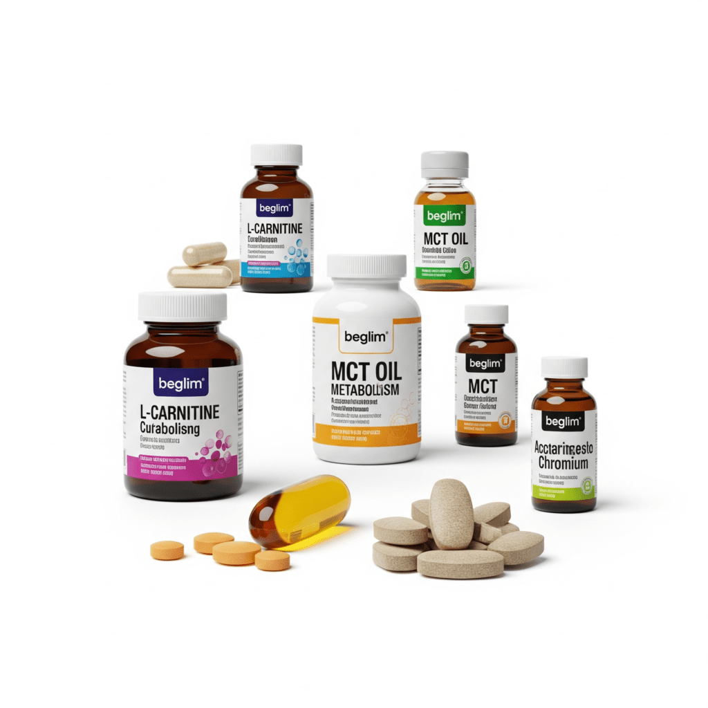 Suplementos para acelerar o metabolismo como L-carnitina, óleo MCT e cromo, apresentados para destacar seu papel no processo metabólico