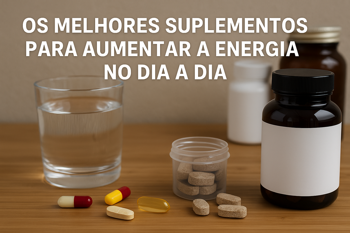 Imagem realista de suplementos para aumento de energia no dia a dia, com cápsulas, comprimidos e frascos sobre uma mesa de madeira, ilustrando opções naturais para mais disposição e vitalidade."