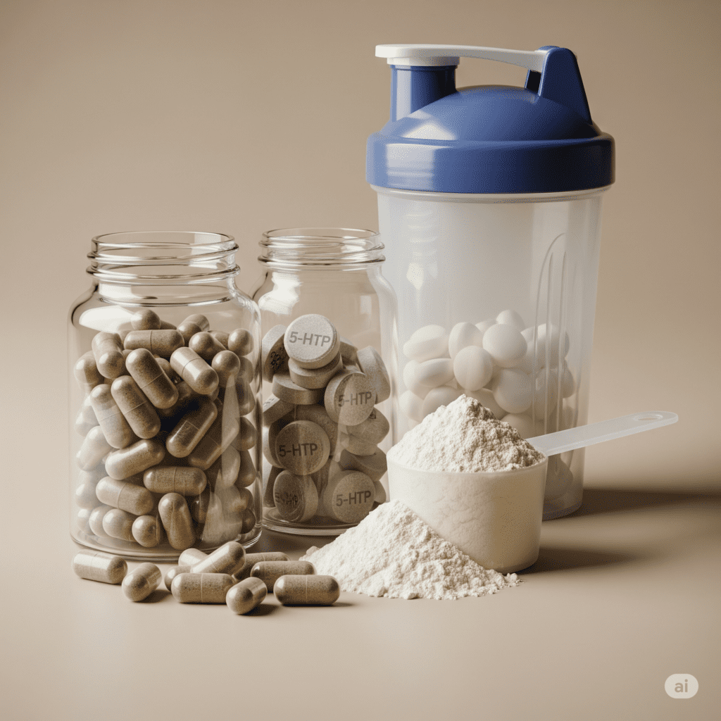 Suplementos para controle do apetite como fibras, whey protein e 5-HTP, dispostos para promover a saciedade.