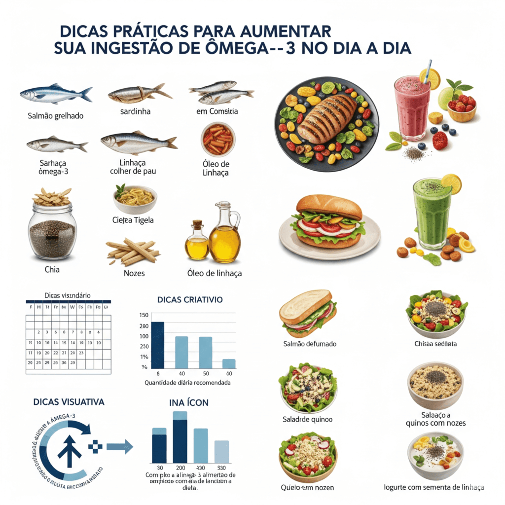 Variedade de alimentos ricos em Ômega-3, como salmão, sardinha, linhaça, chia e nozes, ilustrando dicas práticas para aumentar a ingestão diária desse nutriente