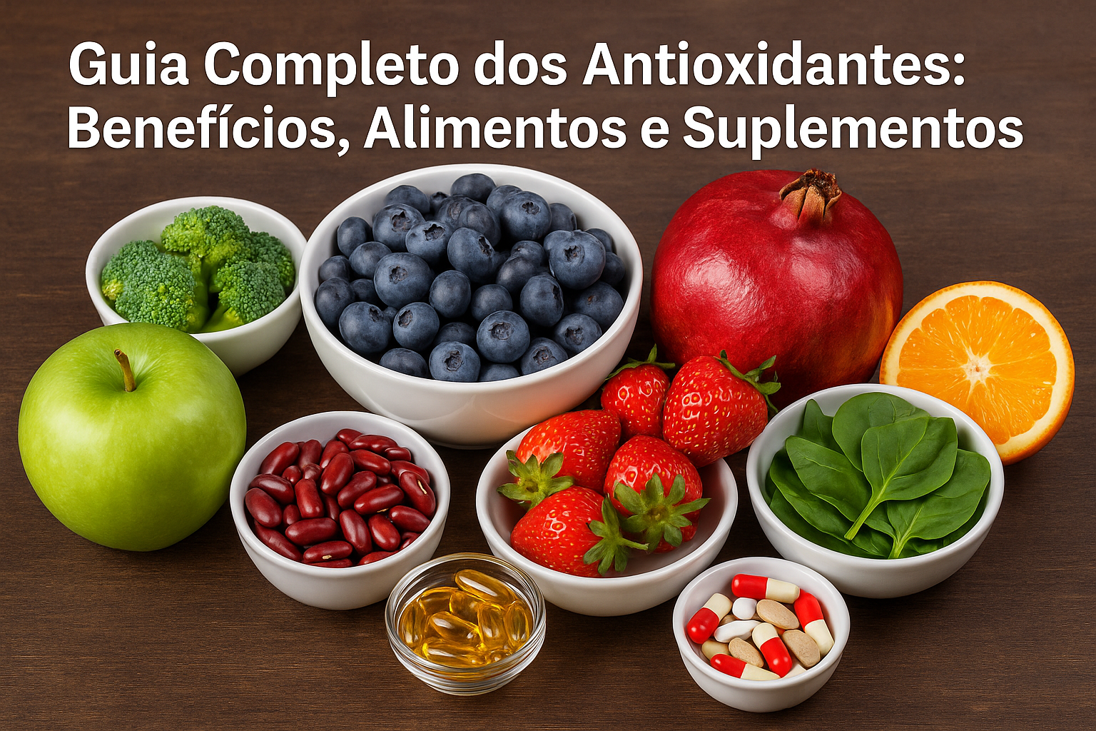 Alimentos ricos em antioxidantes como mirtilos, morangos, espinafre, brócolis, maçã verde, romã e laranja, acompanhados de cápsulas e suplementos antioxidantes sobre uma mesa de madeira.