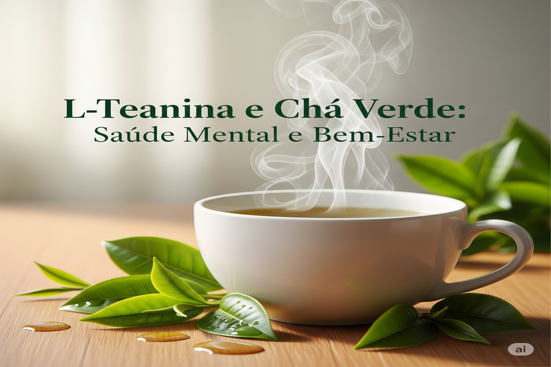 Xícara de chá verde fumegante com folhas de chá, e o texto 'L-Teanina e Chá Verde Saúde Mental e Bem-Estar'