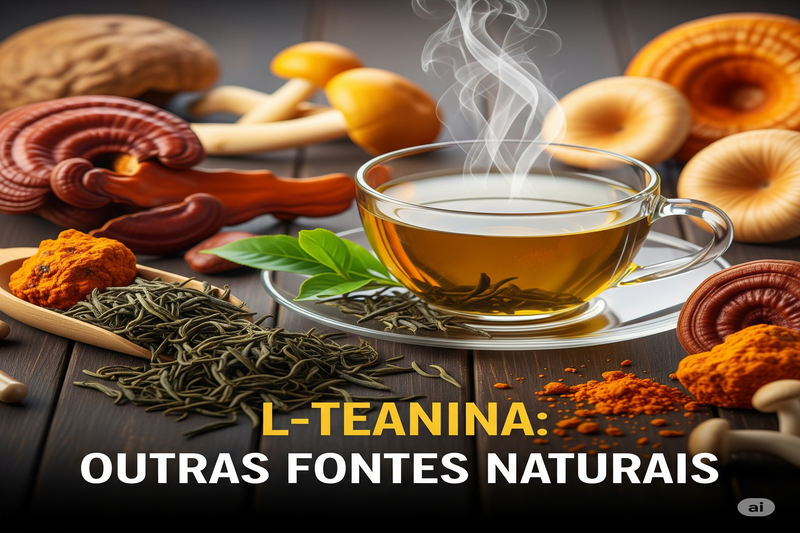 Xícara de chá verde, folhas de chá e cogumelos, com o texto 'L-Teanina Outras Fontes Naturais