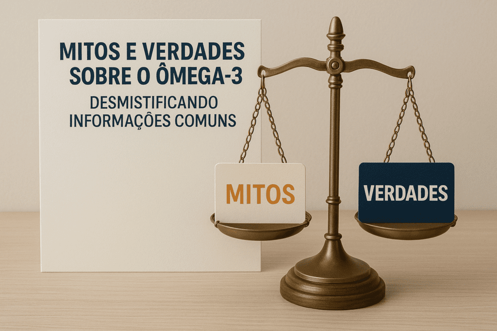 balança da justiça simbolizando 'Mitos e Verdades sobre o Ômega-3'. De um lado, a palavra 'Mitos' em laranja; do outro, 'Verdades' em azul escuro.