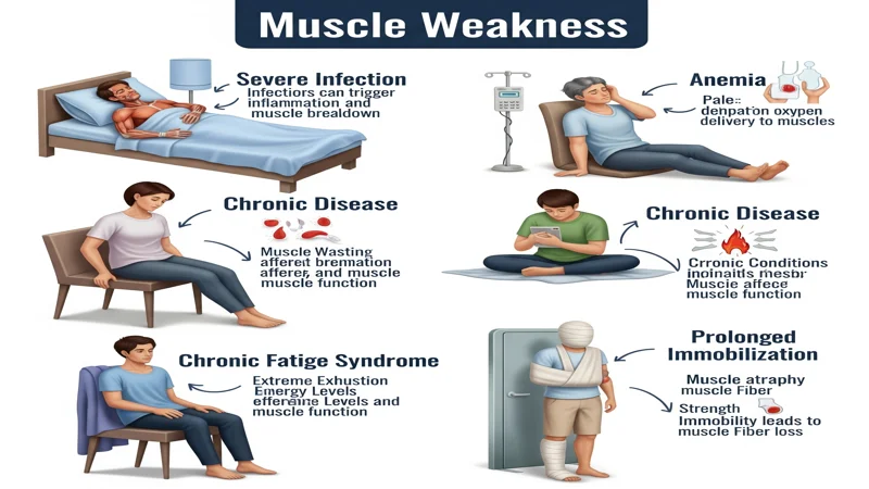 causas comuns de fraqueza muscular como infecções graves, anemia, doenças crônicas, síndrome da fadiga crônica e imobilização prolongada.