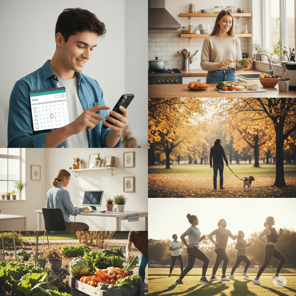 cenas de indivíduos cozinhando refeições nutritivas com produtos frescos, participando ativamente de atividades físicas 