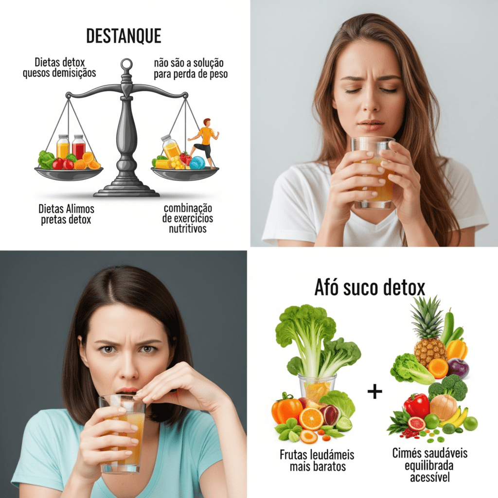 dietas detox ineficazes, sucos detox com efeitos colaterais, e produtos detox caros versus alimentos saudáveis e acessíveis.