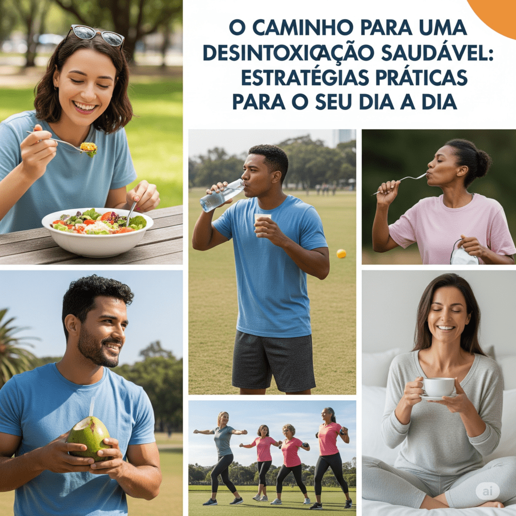 diferentes estratégias práticas para uma desintoxicação saudável pessoas comendo alimentos saudáveis, bebendo água, fazendo exercícios e relaxando