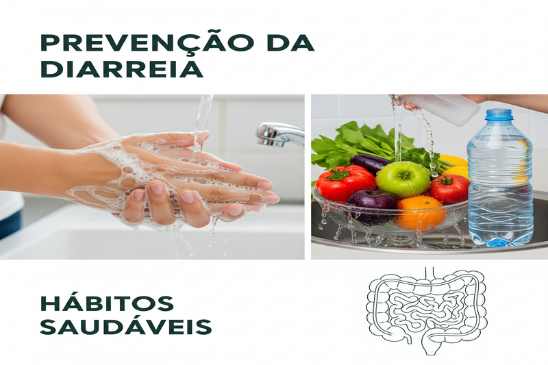 mãos lavando, frutas sendo higienizadas e uma garrafa de água, representando a prevenção da diarreia e hábitos saudáveis.