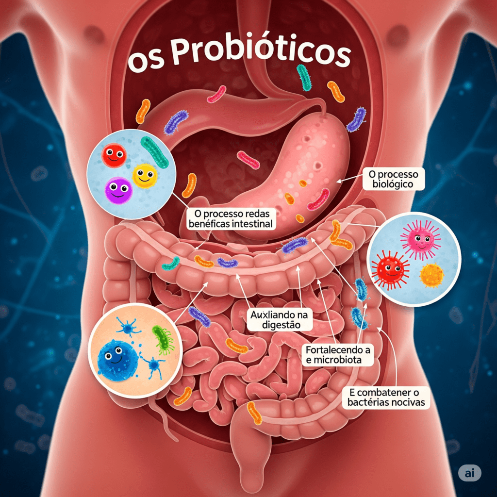 mostrando a interação microscópica das bactérias benéficas no intestino e seus processos para a saúde.