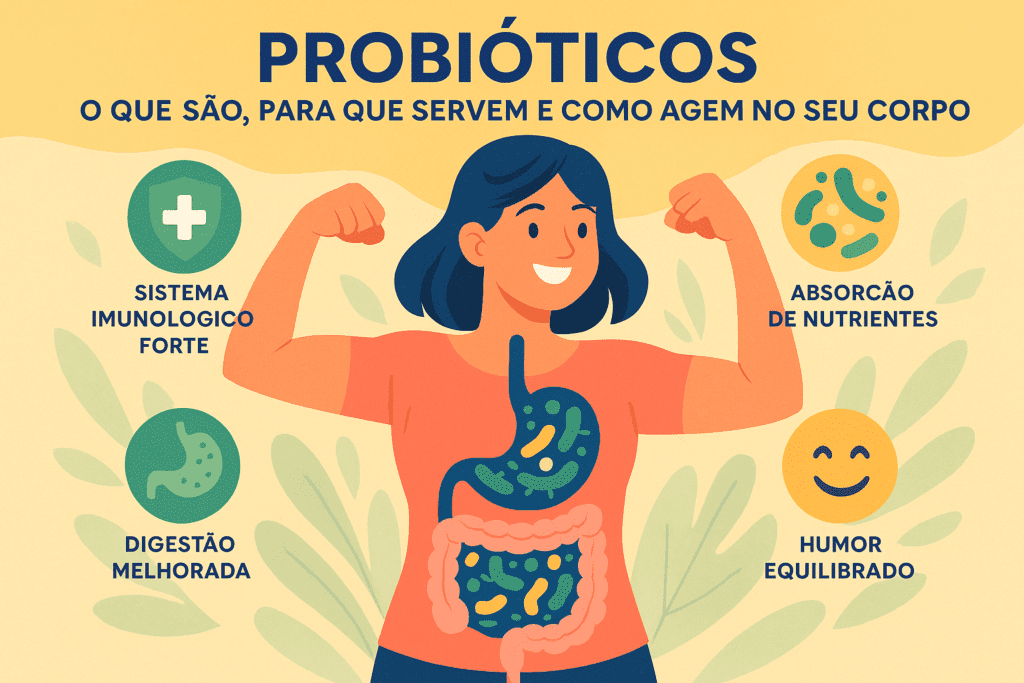 os benefícios dos probióticos para o corpo imunidade forte, digestão melhorada, absorção de nutrientes e humor equilibrado, com foco no intestino saudável