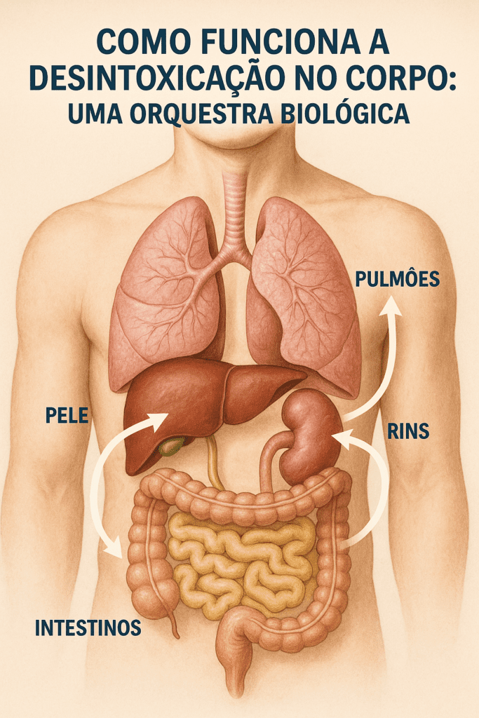 os principais órgãos do corpo humano responsáveis pela desintoxicação — fígado, rins, intestinos, pulmões e pele — interconectados em funcionamento harmônico