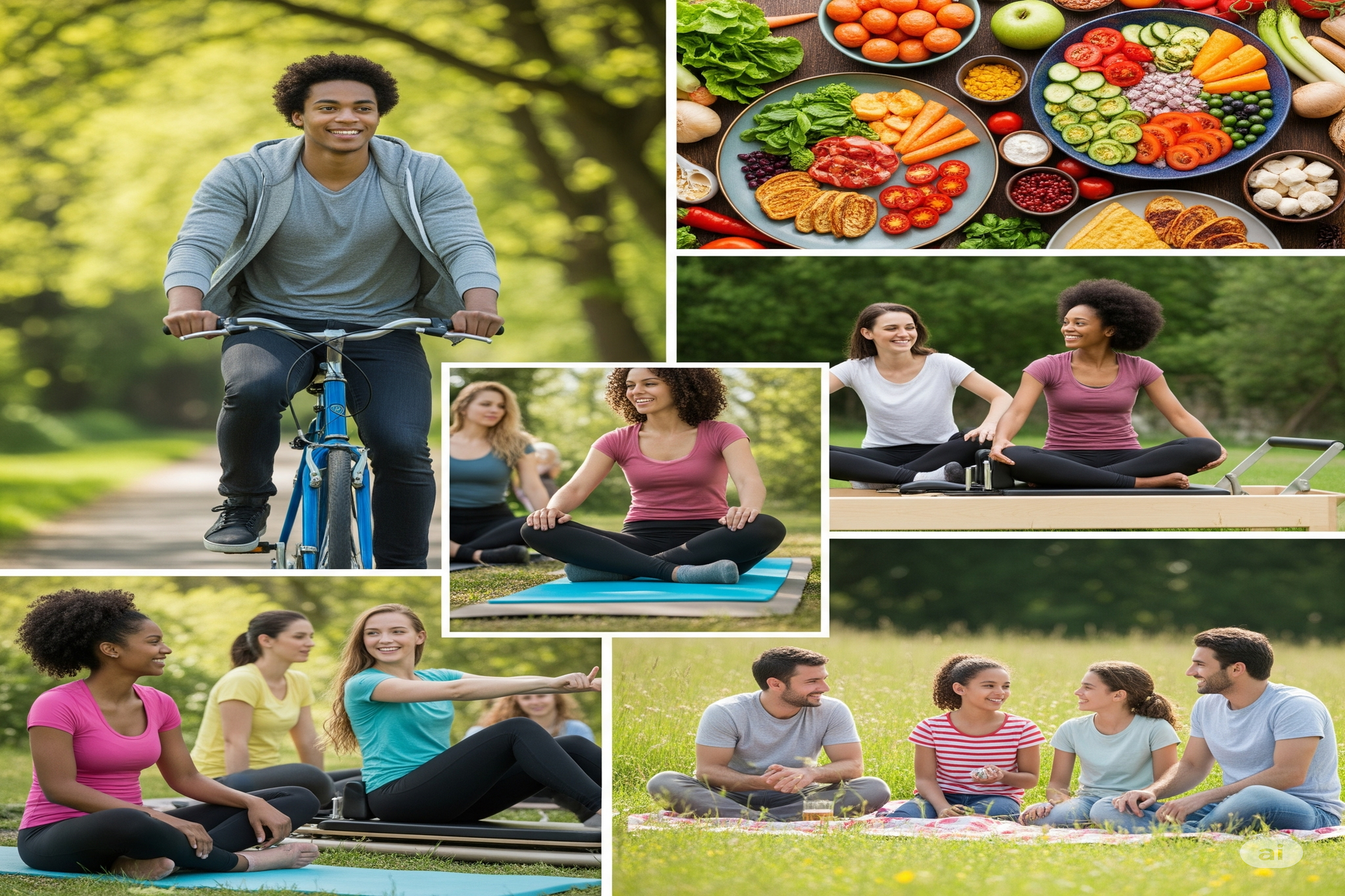pessoas praticando exercícios e comendo alimentos saudáveis para perder peso