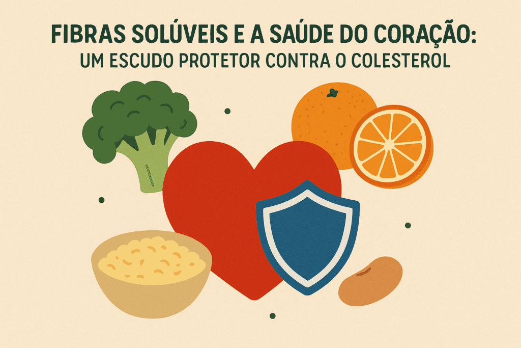 um coração vermelho protegido por um escudo azul, cercado por alimentos ricos em fibras como brócolis, laranja, aveia e feijão, com fundo em tom bege