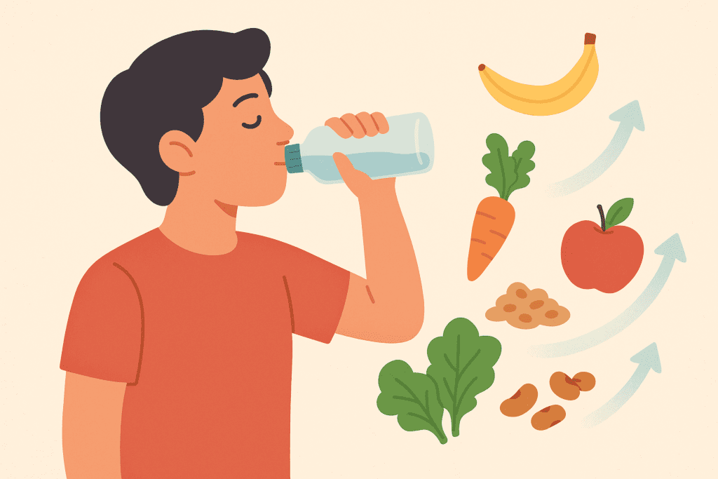 uma pessoa bebendo água de uma garrafa transparente, com alimentos ricos em fibras — como banana, cenoura, maçã, folhas verdes, feijão e grãos