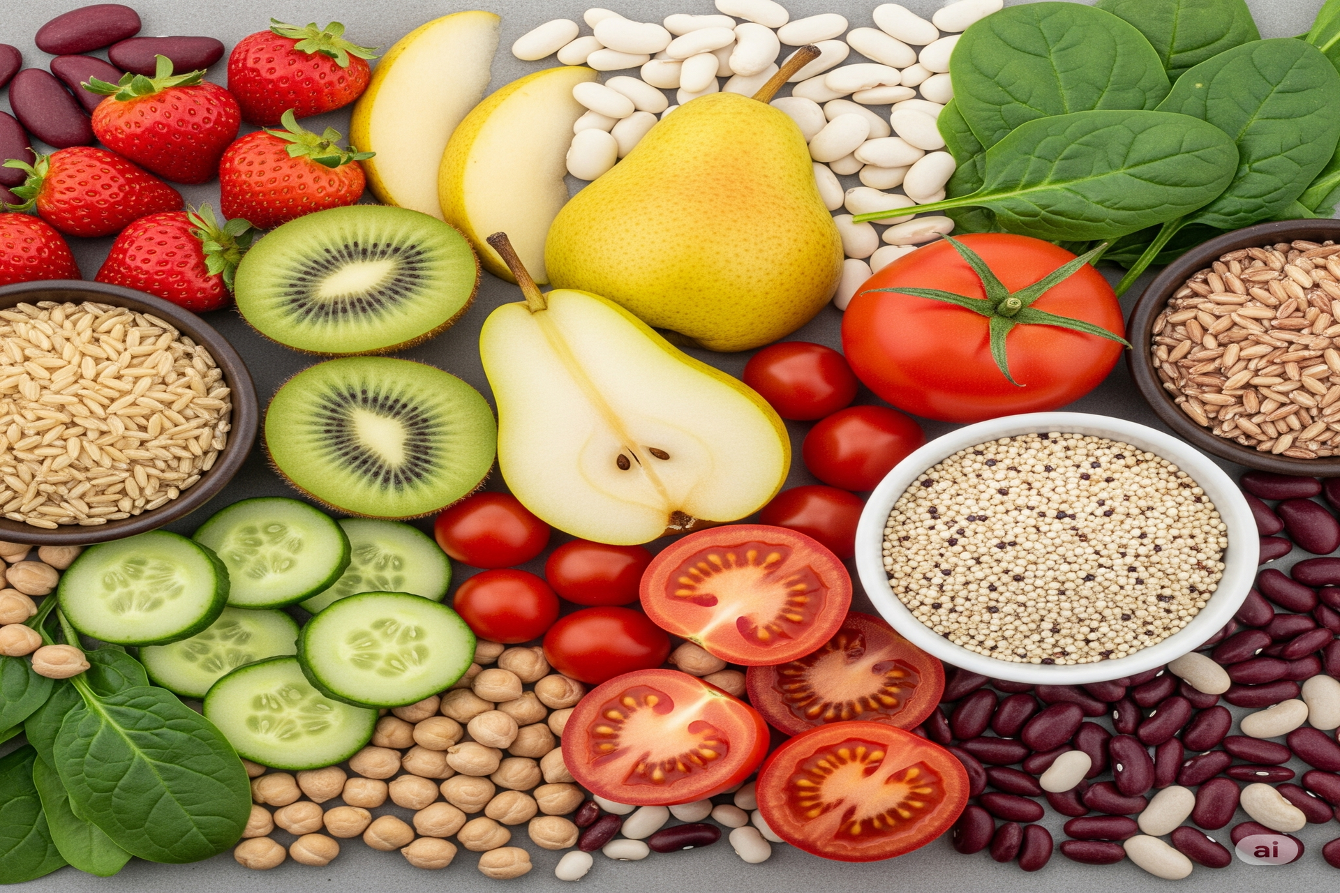 uma variedade de alimentos saudáveis ricos em fibras solúveis, como frutas, vegetais, grãos e leguminosas, dispostos de forma apelativa.