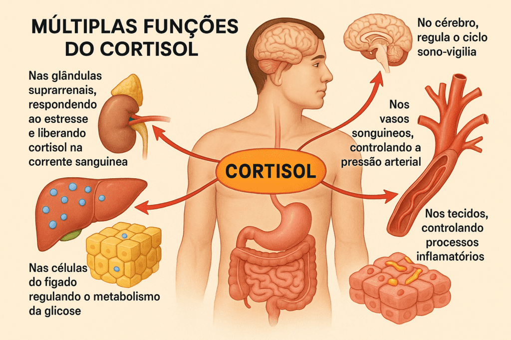 xplore as diversas funções do cortisol no corpo metabolismo, estresse, inflamação, pressão arterial e sono. Entenda como esse hormônio essencial impacta sua saúde.