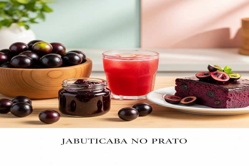 Variedade de pratos com jabuticaba: fruta fresca, suco, geleia e bolo, mostrando a versatilidade culinária.