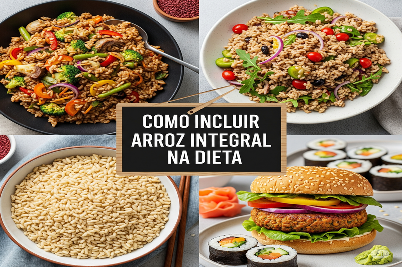 Colagem de imagens mostrando diversas formas de consumir arroz integral como acompanhamento, em saladas, em hambúrgueres vegetarianos e em sushis, destacando sua versatilidade culinária.