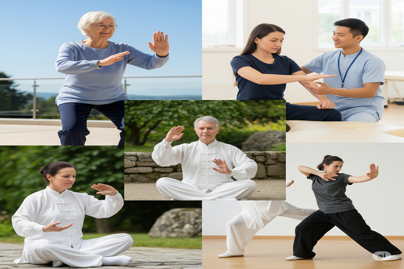 Colagem de pessoas diversas praticando Tai Chi Chuan em diferentes cenários, incluindo idosos, em reabilitação e meditando.