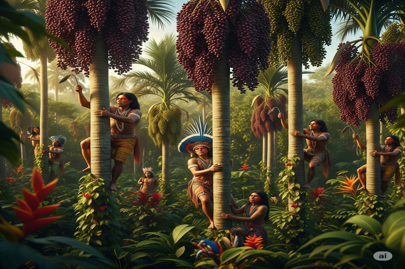 Colheita sustentável de açaí na Amazônia imagem de palmeiras de açaí e coletores, representando a importância da sustentabilidade e comércio justo na produção do açaí.