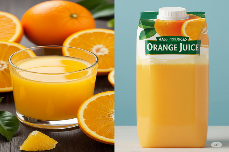 Comparativo visual copo de suco de laranja natural e caixa de suco industrializado.