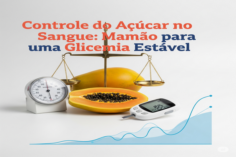 Controle do Açúcar no Sangue Mamão para uma Glicemia Estável sobre uma balança equilibrando um mamão e um medidor de glicose, com um gráfico de glicemia estável