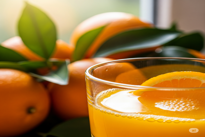 Copo de suco de laranja natural, fresco, com laranjas e folhas verdes, simbolizando saúde.