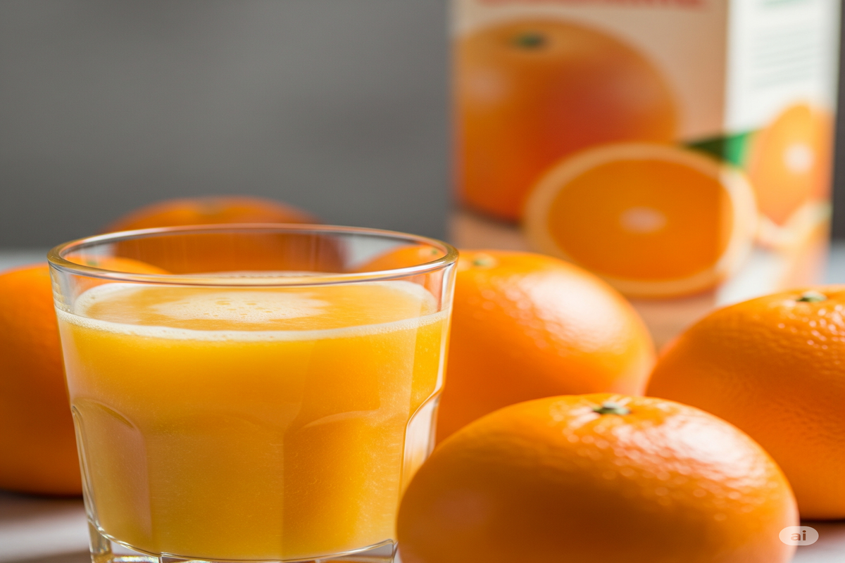 Copo de suco de laranja natural fresco e laranjas, contrastando com caixa de suco industrializado.