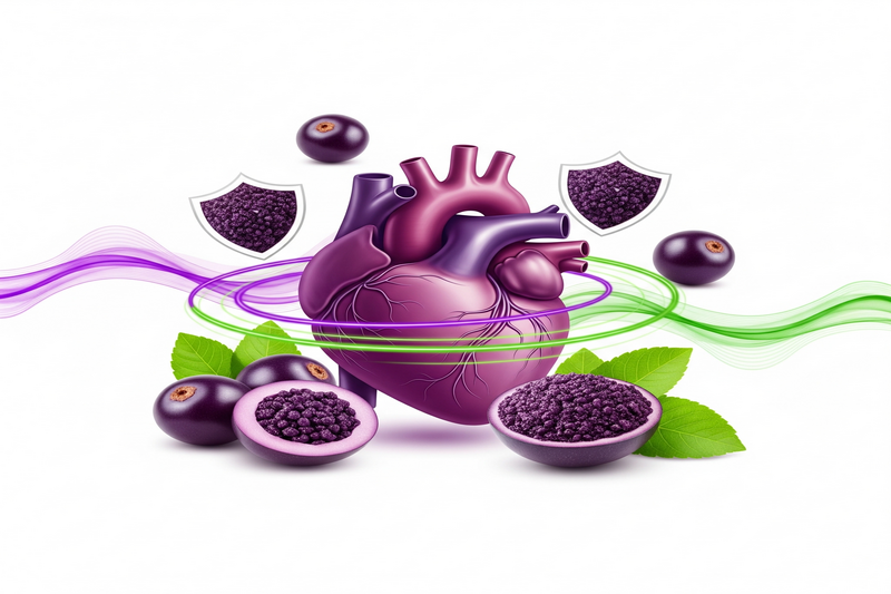 Coração saudável protegido pelo açaí, ilustrando os benefícios cardiovasculares da fruta, como a redução do colesterol e a proteção arterial.